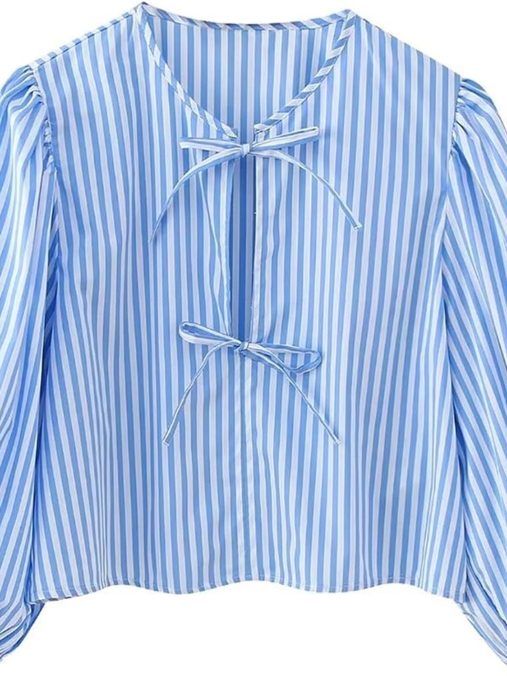 Zara Light Blue and White Striped Tie-Front Blouse